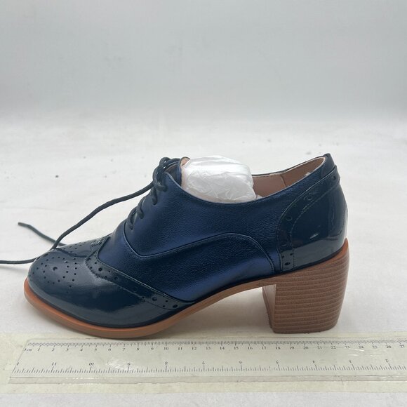 FOWT Midnight Blue Perforated Lace-Up Oxfords Almond Toe Mid Chunky Heel Shoes - Picture 2 of 8
